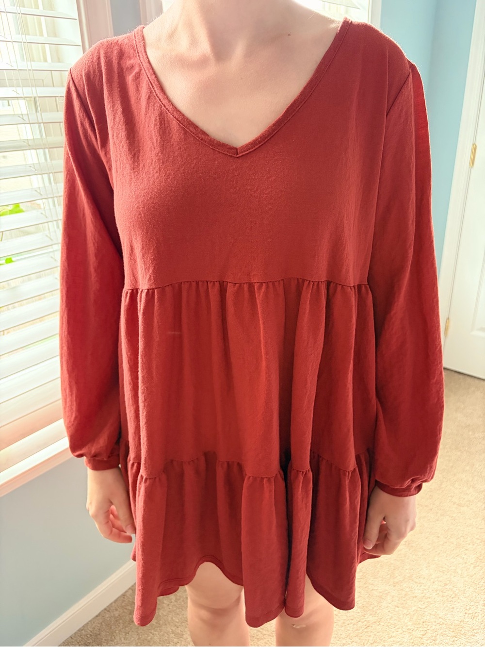 Carly Jean Los Angeles CJLA Rust Tiered Long-Sleeve Dress Size Small